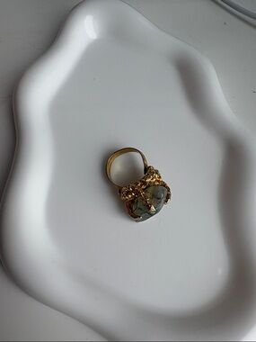 Goldtone Statement Adjustable Ring with Green Stone